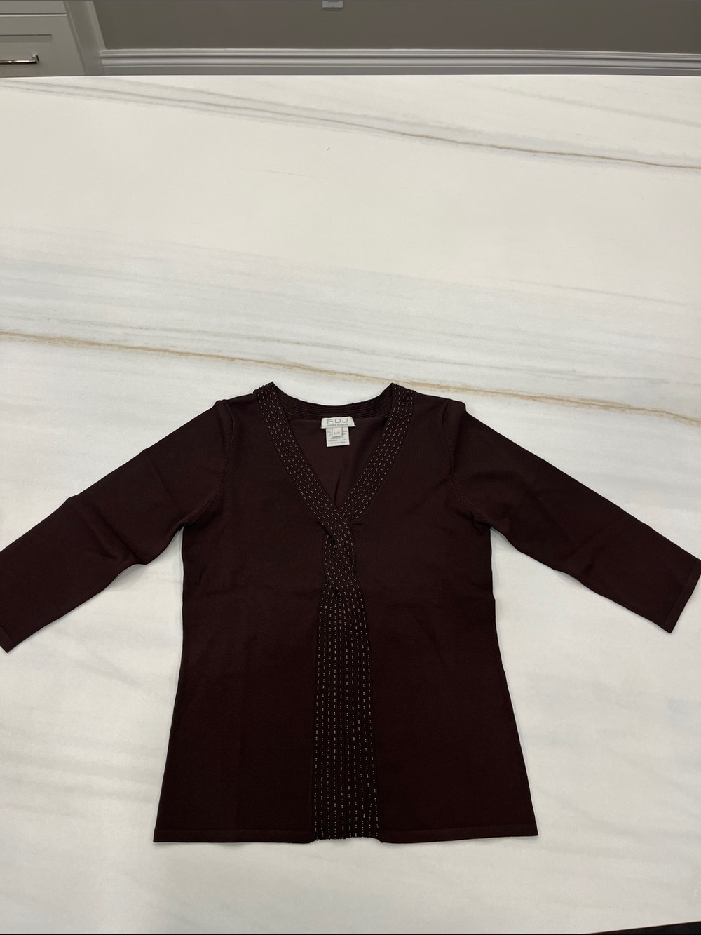 Women’s Brown V-Neck Knit Top with Studded Trim